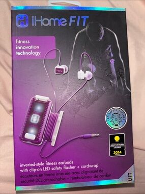 iHome FIT Purple Earbuds with LED Safety Flasher and Cordwrap